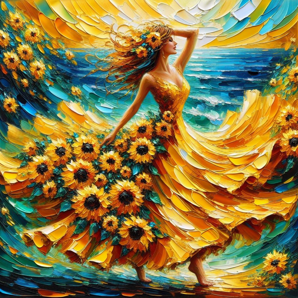 Woman in a Vibrant Yellow Sunflower Dress, Captured in Expre...