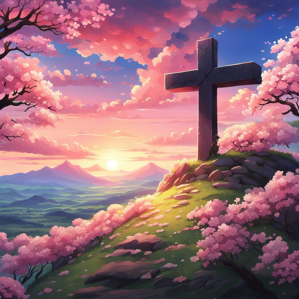 Cross on Hill at Sunset in Anime Style