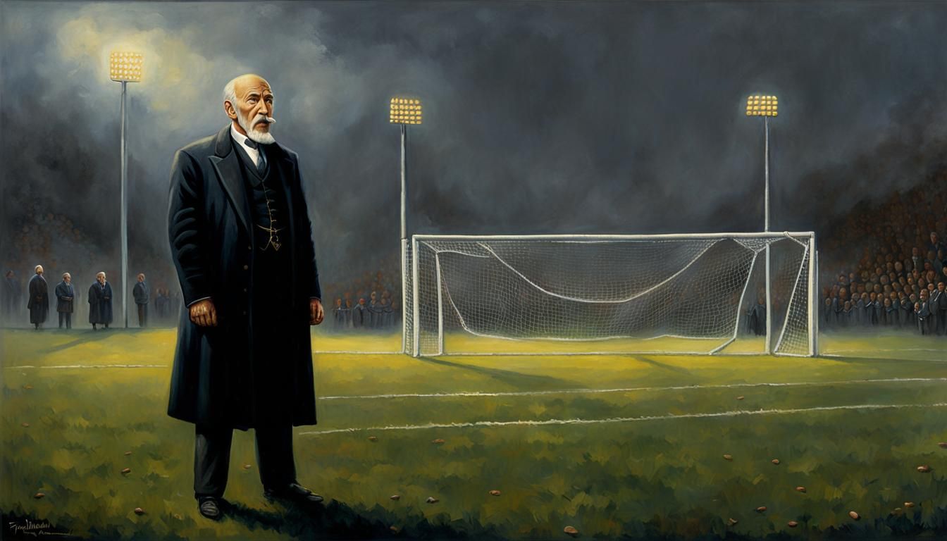 Ethereal Gentleman in Dark Attire Stands Beside a White Goal...