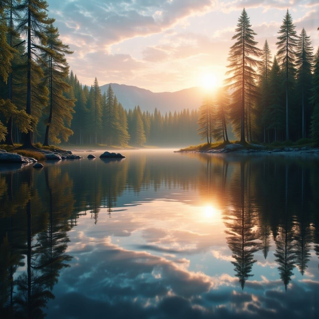 Surreal Forest Landscape Reflects in Misty Lake Waters at Su...
