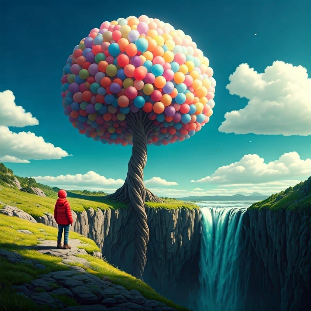 Whimsical Balloon Tree on Cliffside, Fantasy Landscape