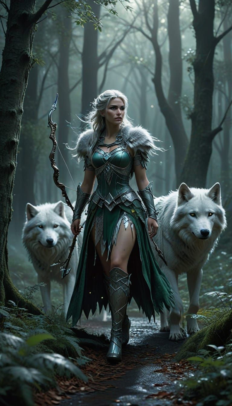 Artemis and Wolf Hunting in Moonlit Forest