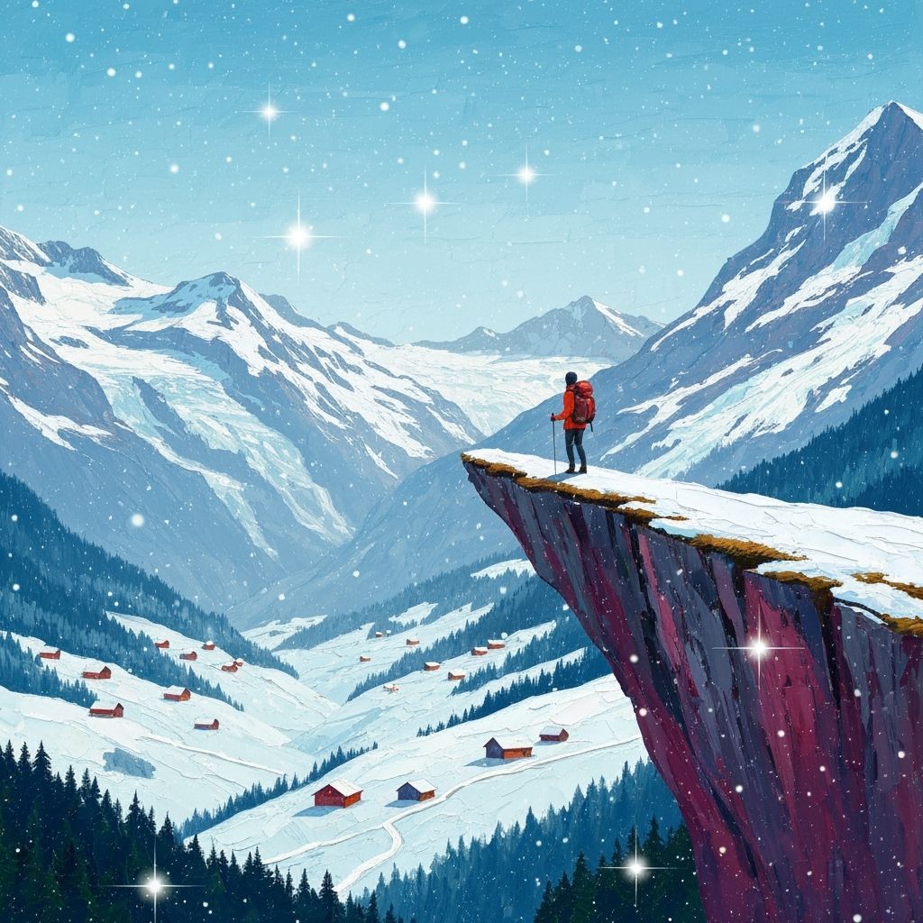 Hiker Overlooks Snow-Covered Swiss Alps in Impasto Style