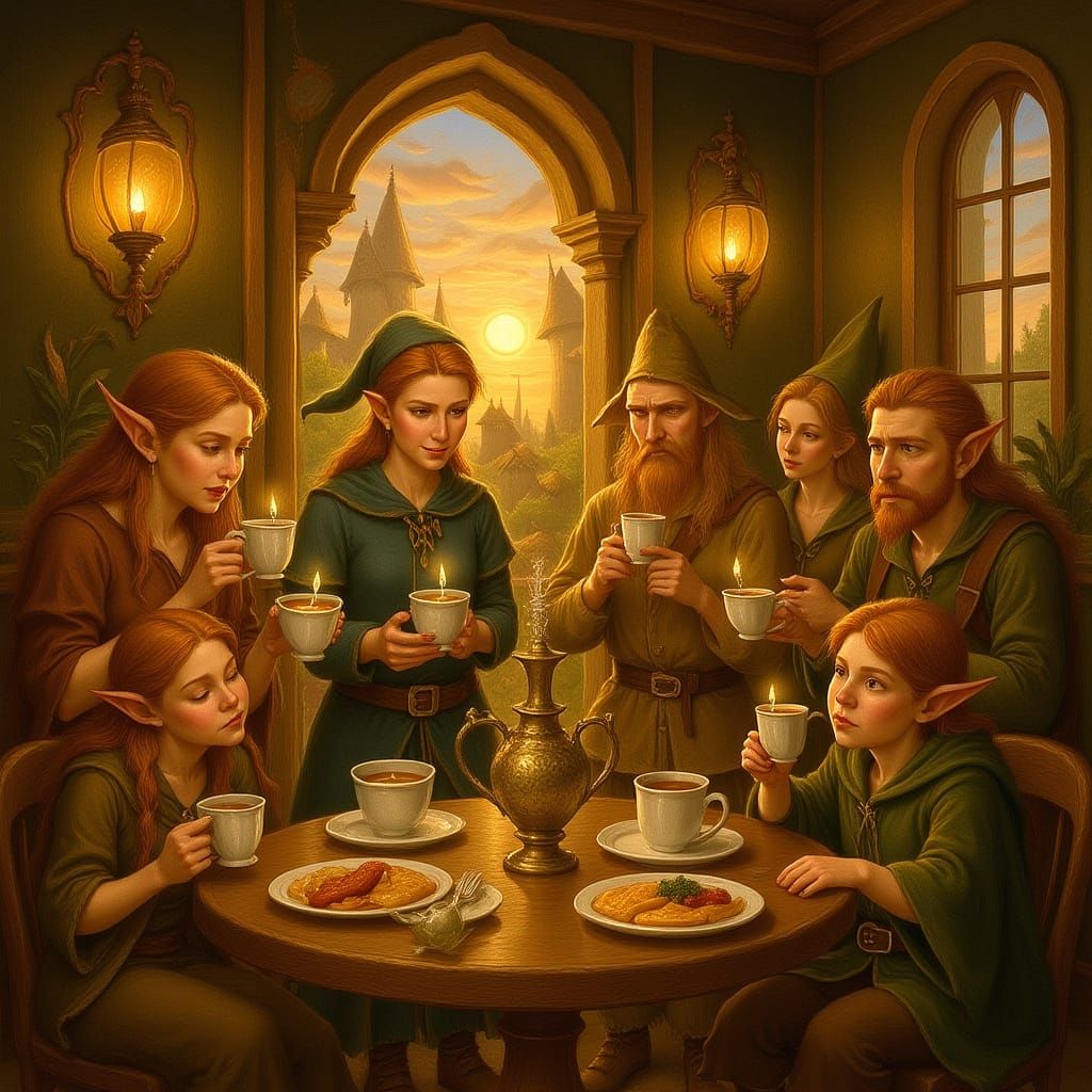 Enchanted Cozy Cafe With Mythical Beings Before Sunrise