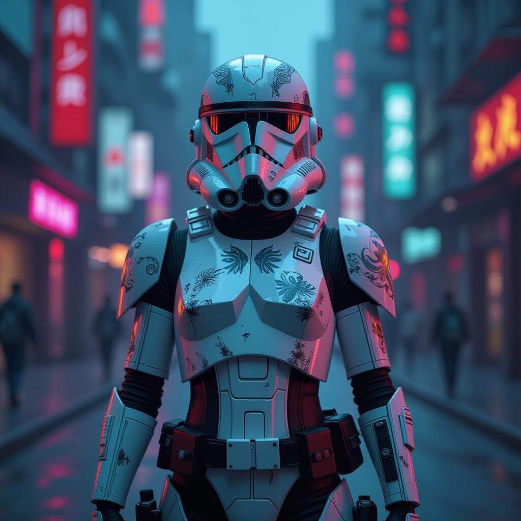 Female Clone Trooper in Cyberpunk Cityscape