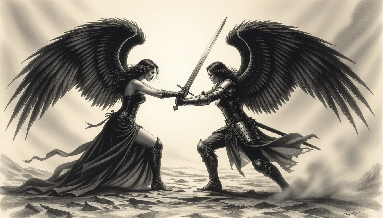 Fallen Angel Knight in Dramatic Charcoal Drawing