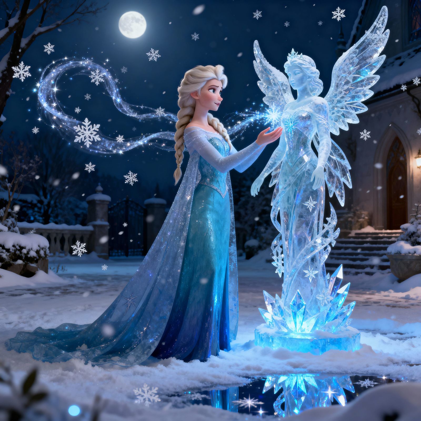 Elsa Creates Ice Angel Sculpture in Snowy Courtyard