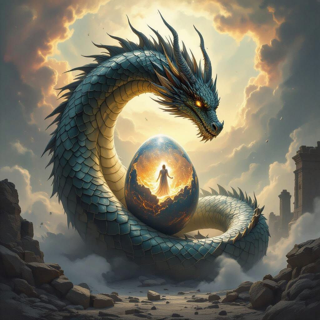 Dragon Guards Celestial Egg With Emerging Divine Figure