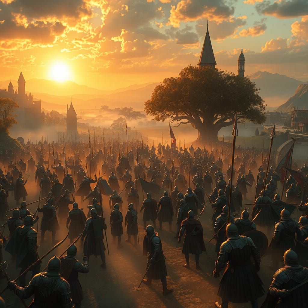 Medieval Fantasy Army Assembles in Golden Light