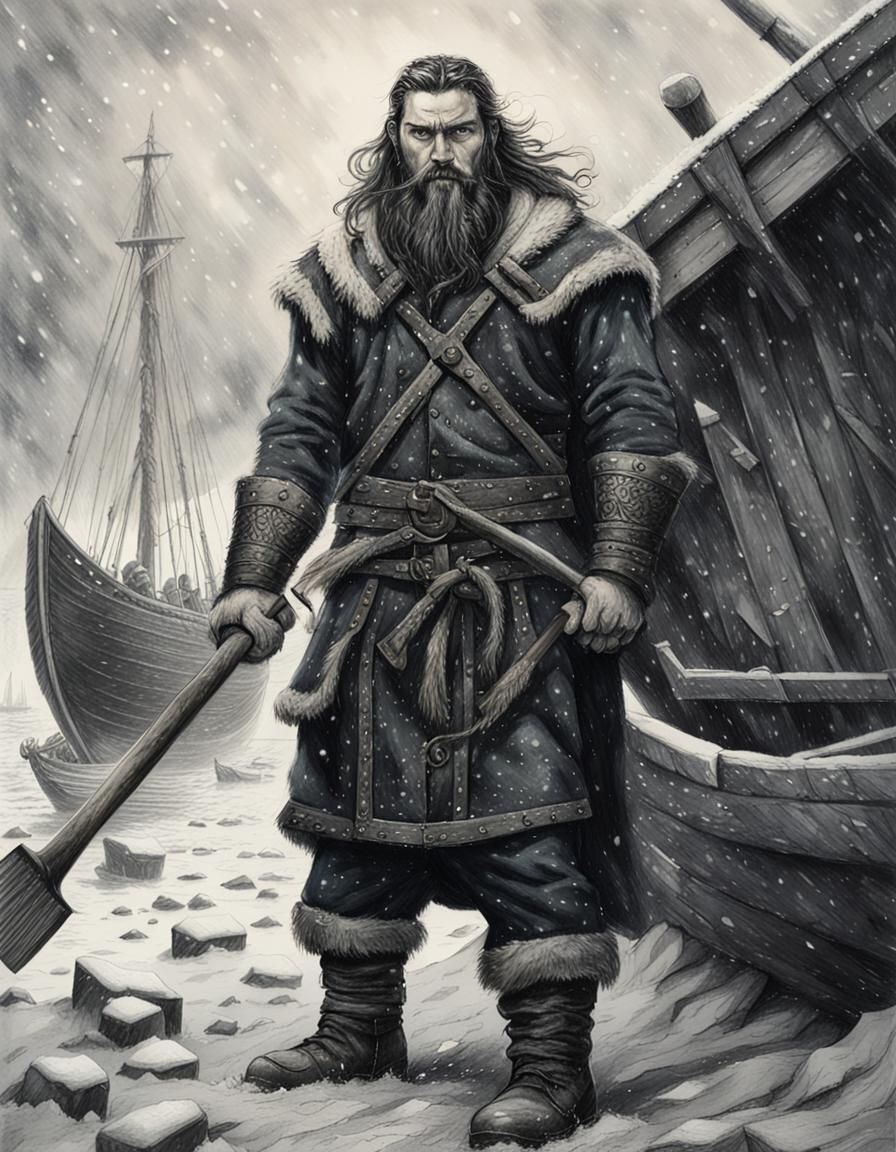 Viking with Sledgehammer: Hyperdetailed Charcoal Drawing