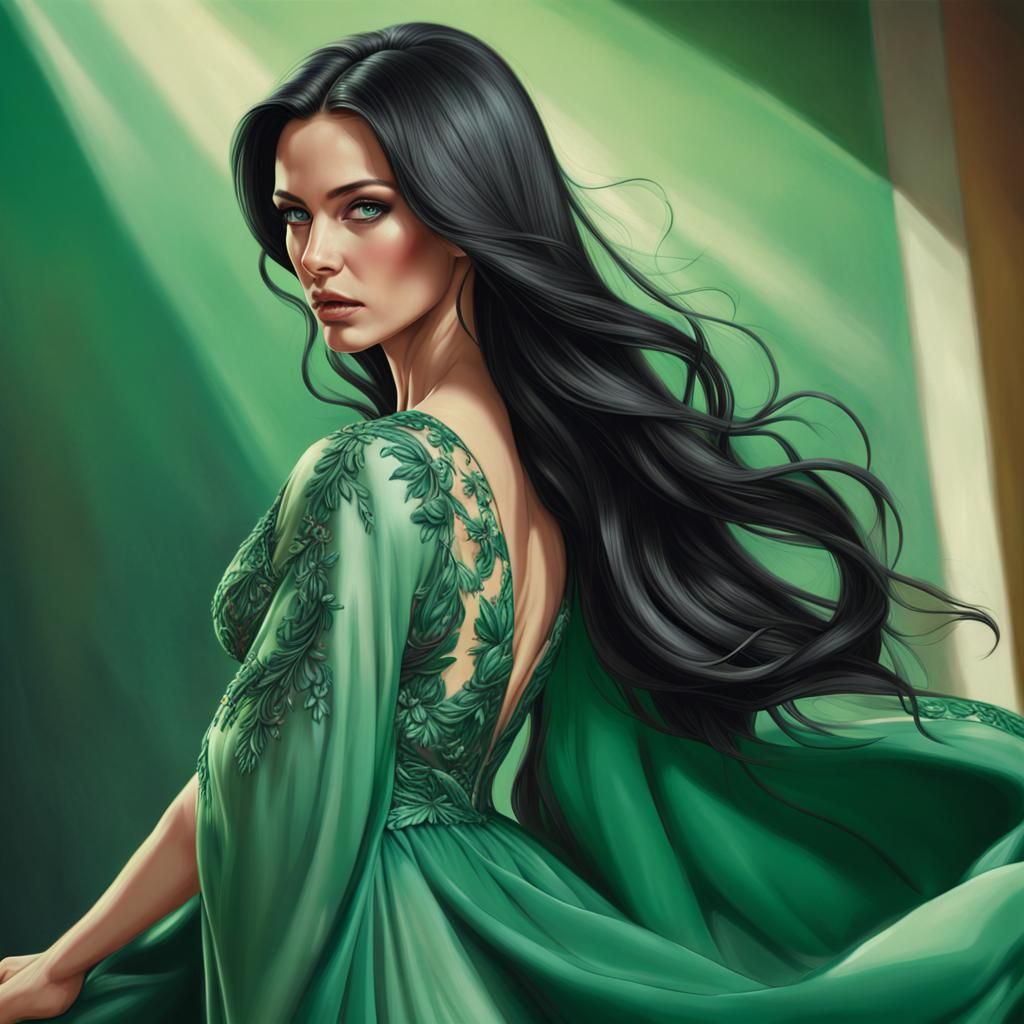 Mid-Century Woman in Green Gown: Hyperrealistic Portrait