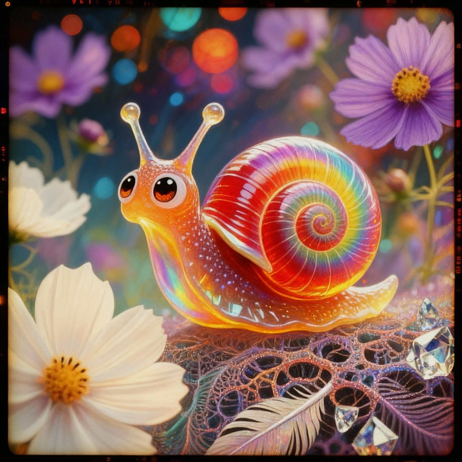 Rainbow Glass Snail Portrait with Cosmos Flowers