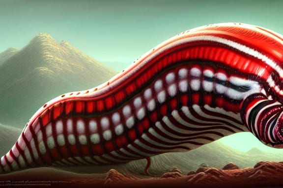Alien Planet Landscape with Candycane Larva in Fantasy Style