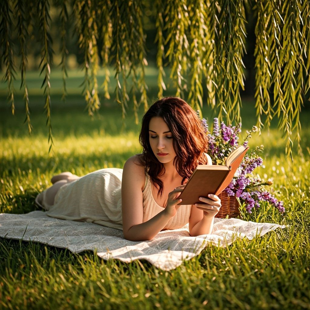 Woman Reading Under Willow Tree Amidst Wildflowers