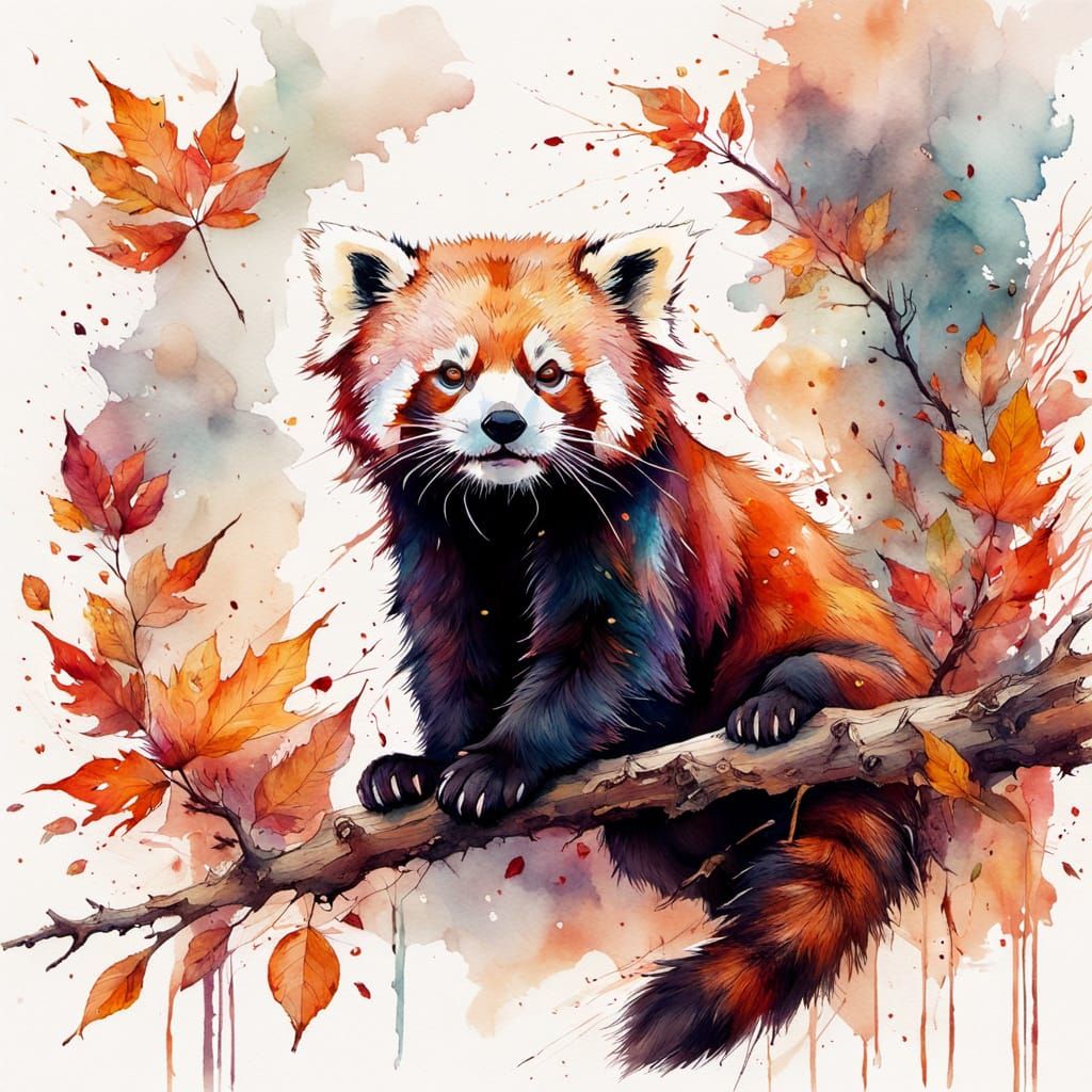 Red Panda on Autumn Branch in Expressive Watercolour Style