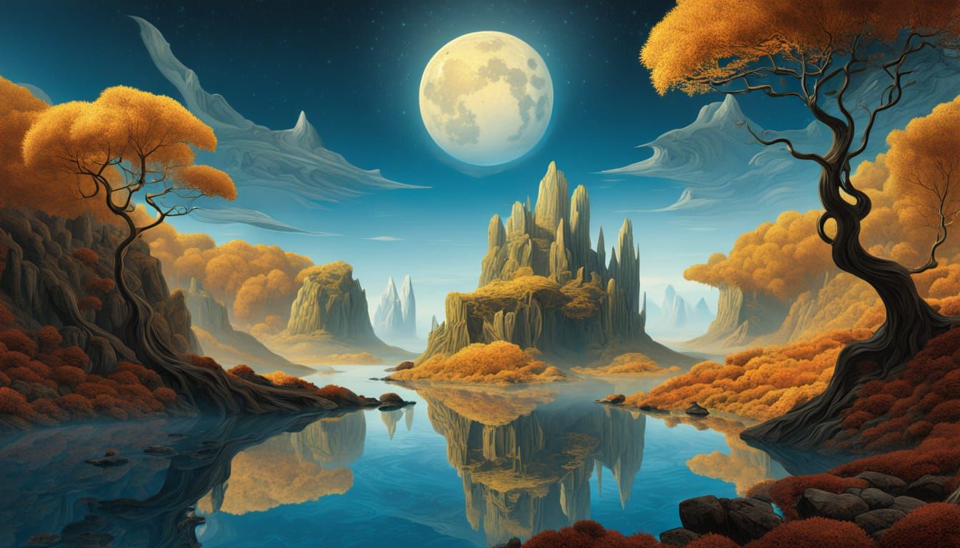 Surreal Floating Cube Frames Autumn Landscape Under Starry S...