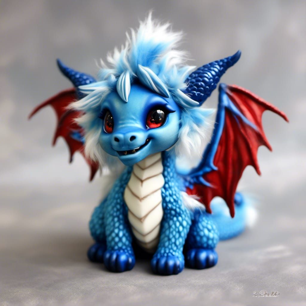 Cute Blue Fluffy Christmas Dragon with Open Wings