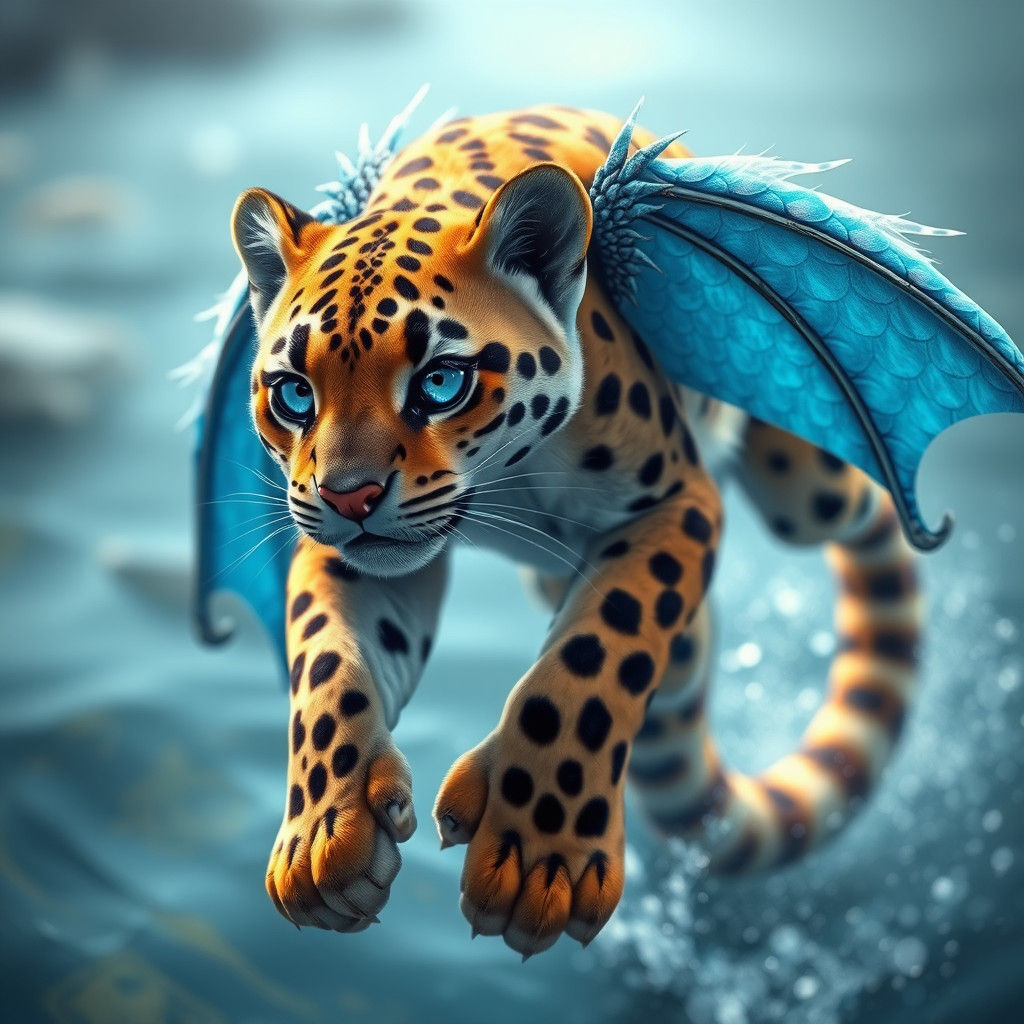 Clouded Leopard Dragon Hybrid Leaps, Fantasy Art
