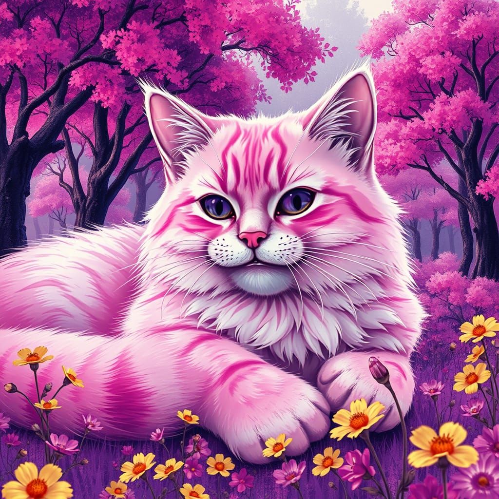 Giant Pink Cat Lounging in Violet Landscape