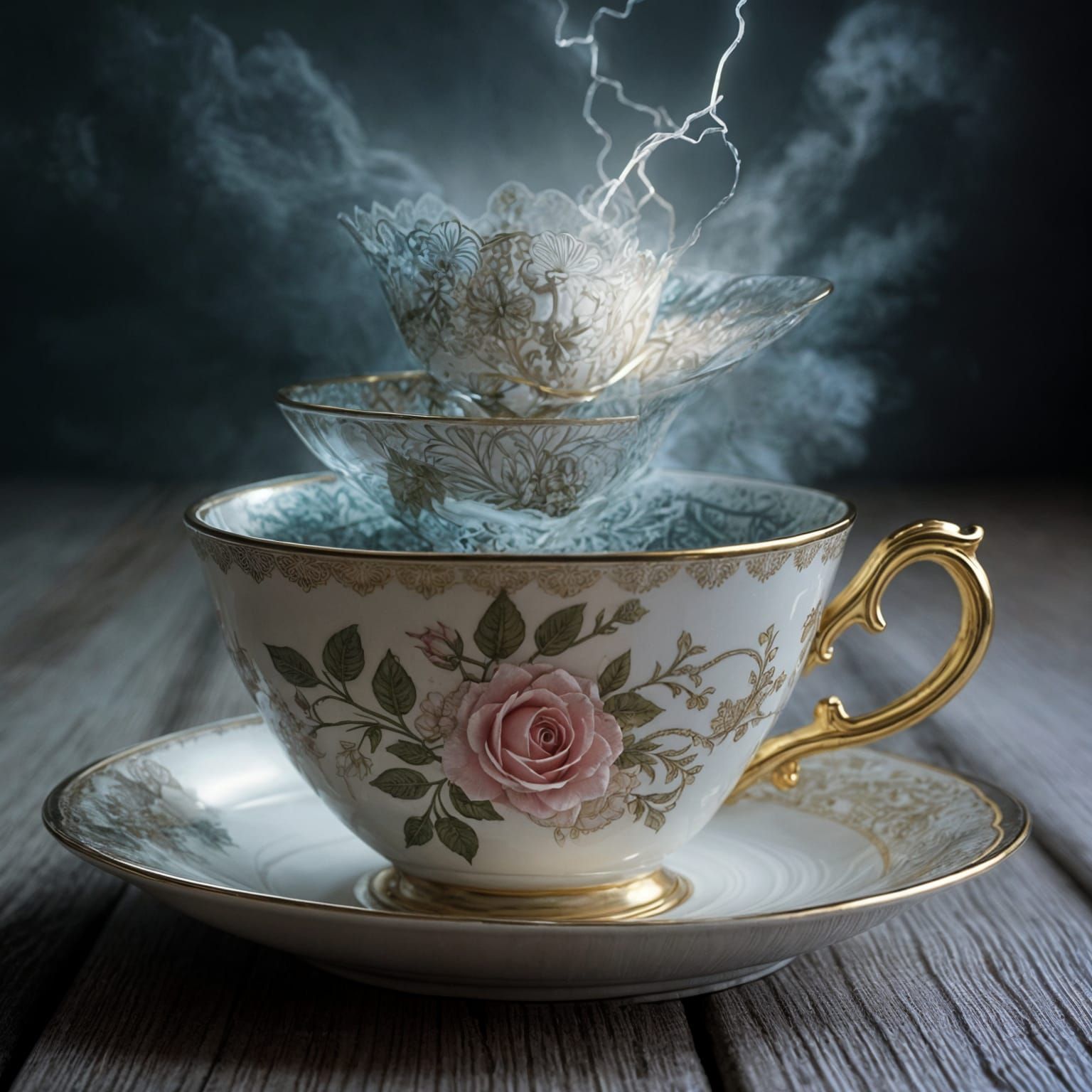 Exquisite Fine Bone China Teacup with Rose and Storm Scene