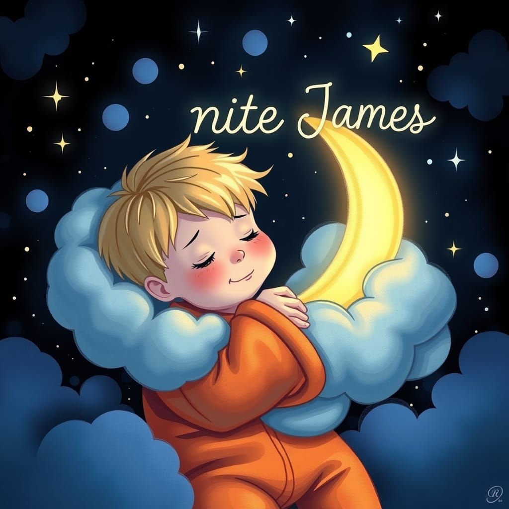 Boy Hugging Moon in Dreamscape, Loish Style