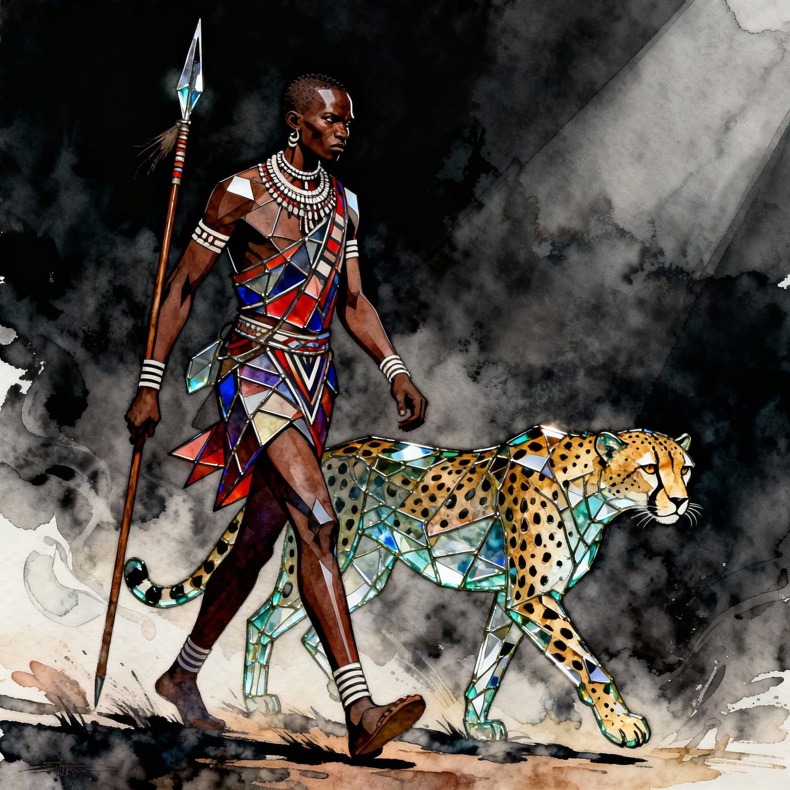Maasai Warrior and Cheetah in Graphic Novel Watercolor Style