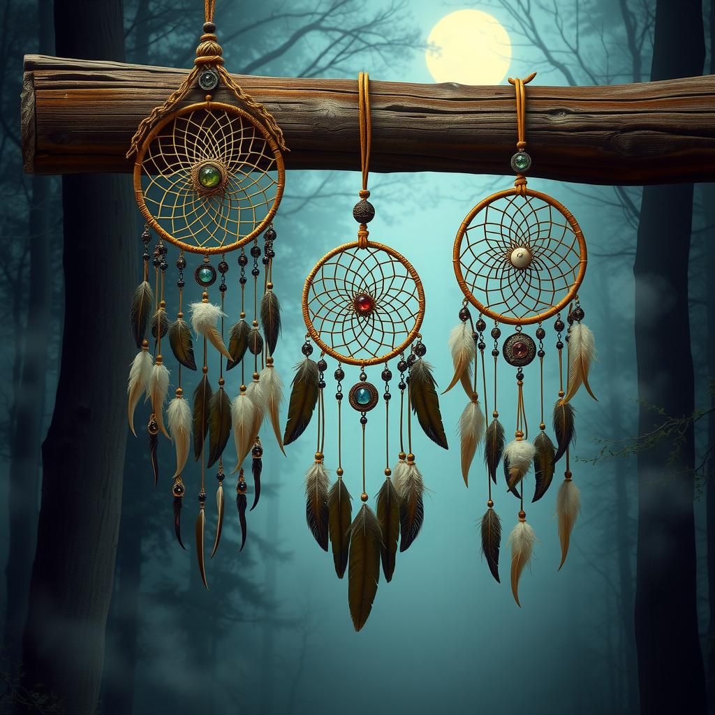 Mystical Dreamcatchers in Moonlit Forest: Fantasy Art