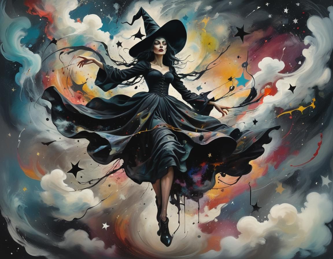 Evil Witch Soaring: A Surreal Impasto Painting