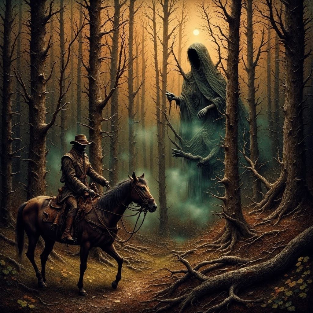 Phantom Hunter in Ancient Forest, Romantic Style