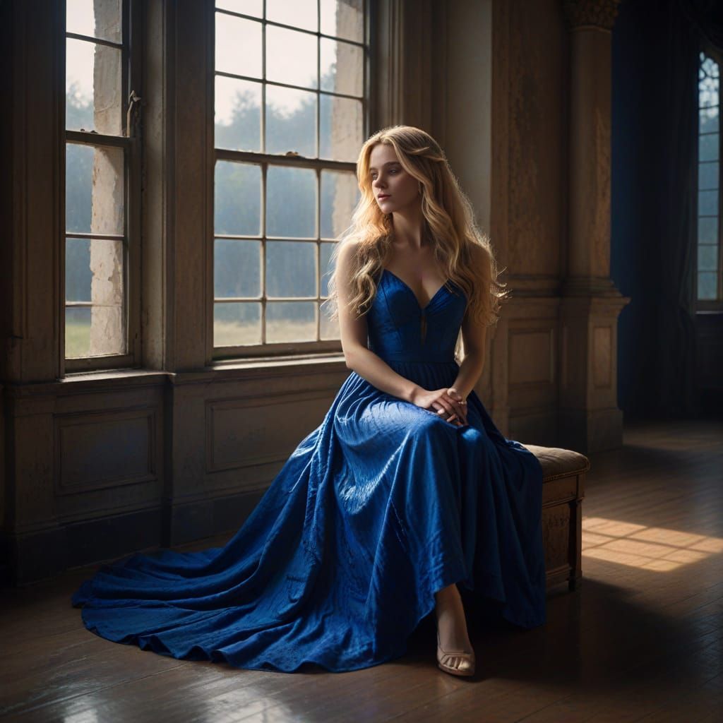 Elegant Woman in Blue Dress in Dim Ballroom