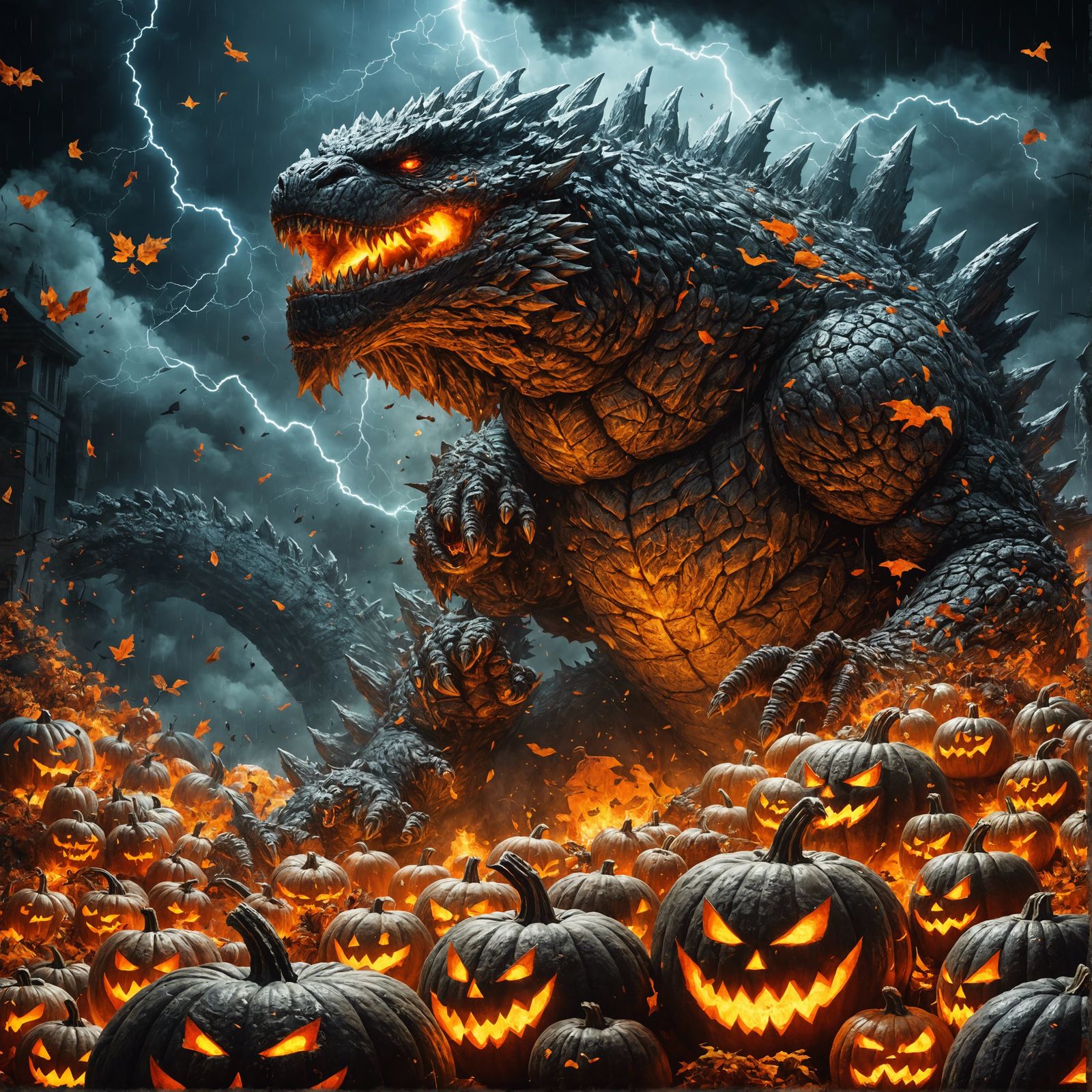 Kaiju Pumpkin Monster in Lightning Storm