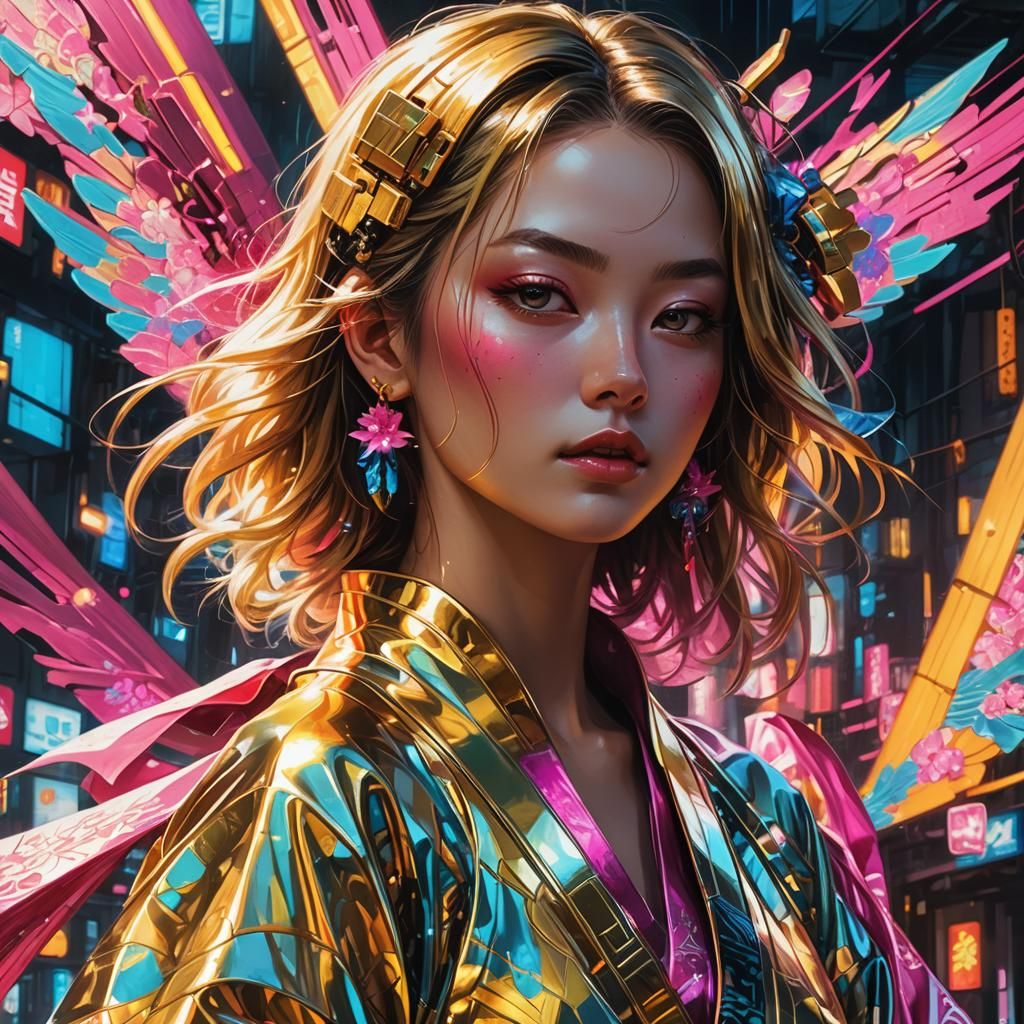 Golden Kimono in Cyberpunk Realism Style