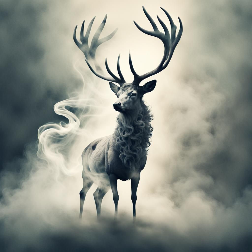 Dreamlike Stag Formed from Smoke, Surreal Illustration