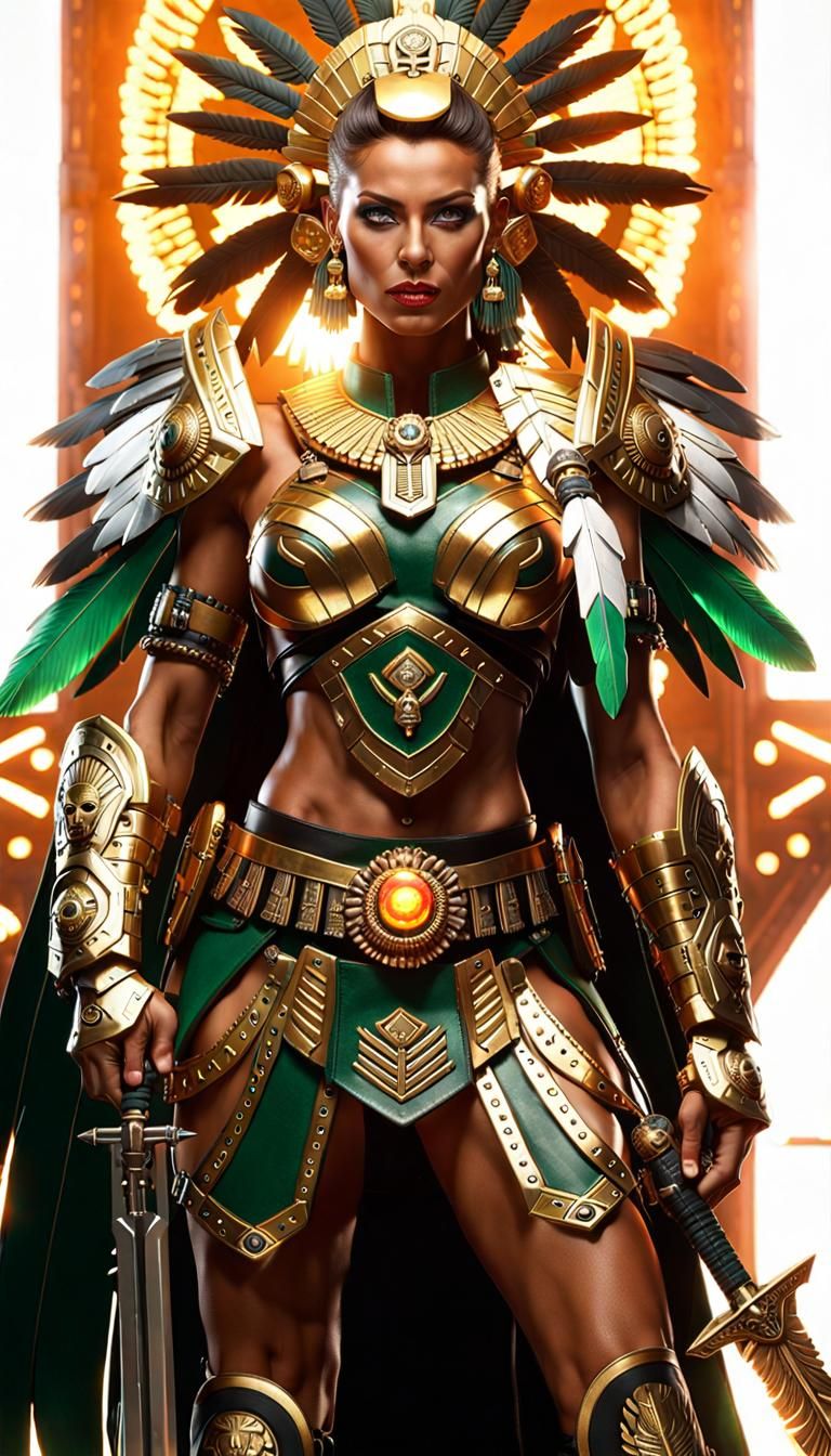 Aztec Warrior Woman with Flaming Sword in Cyberpunk Style