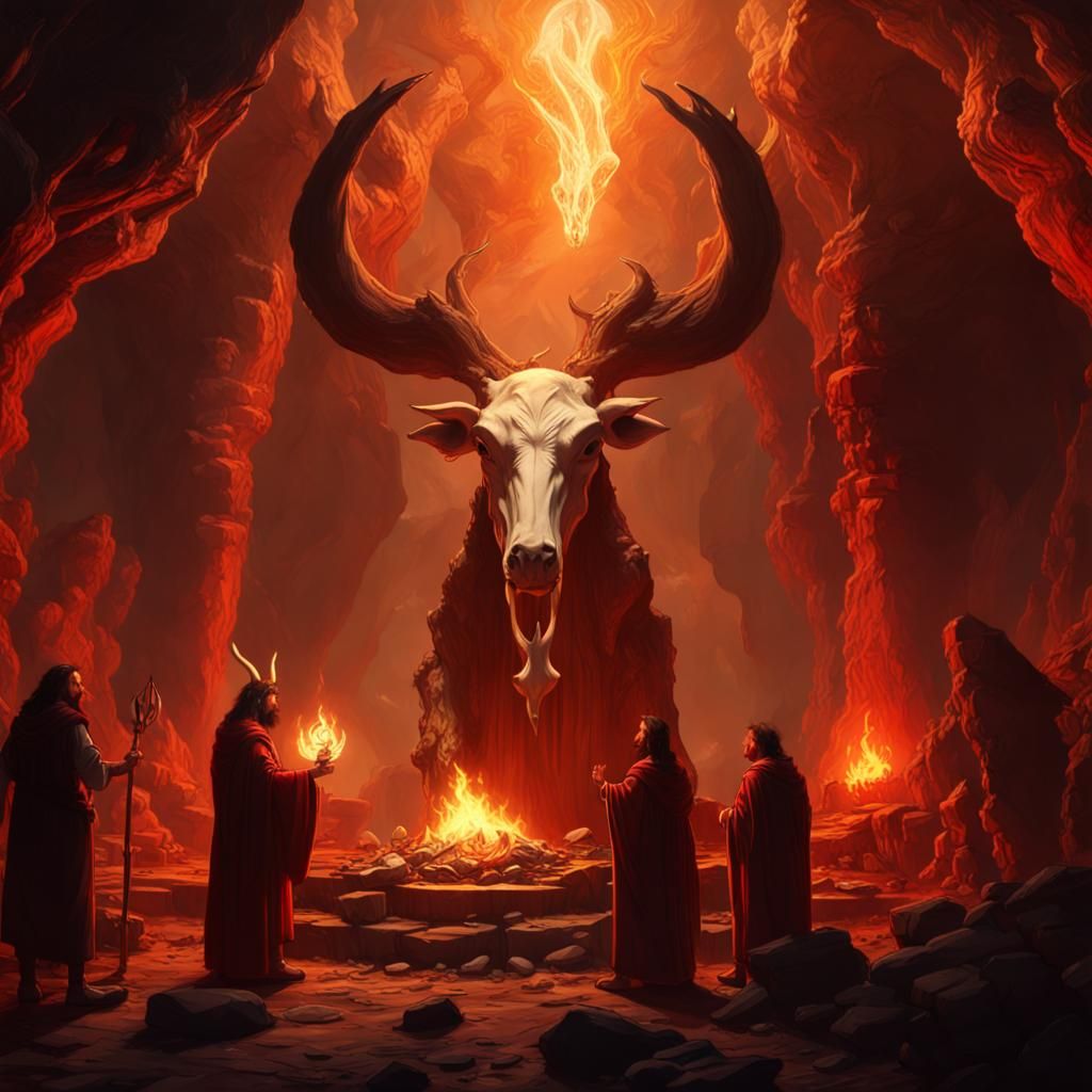Druid Priest Elevates Bull Skull in Firelit Cave