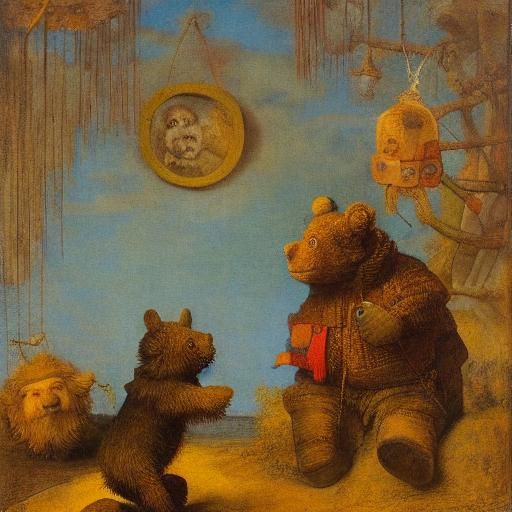 Teddy Bear's Surreal Planetary Exploration: Oil Painting