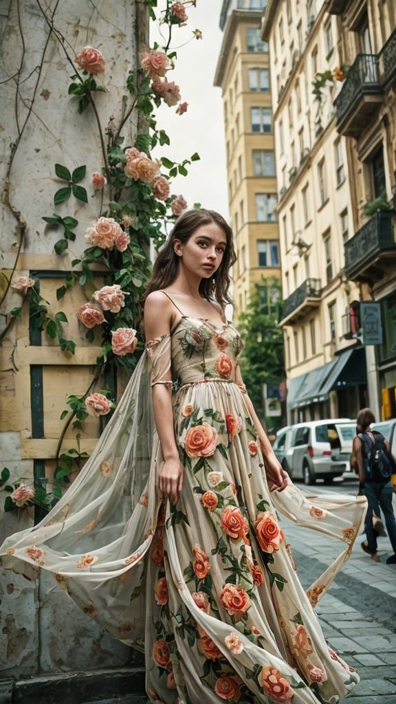 Woman in Flower Dress, Klimt-Style Street Art