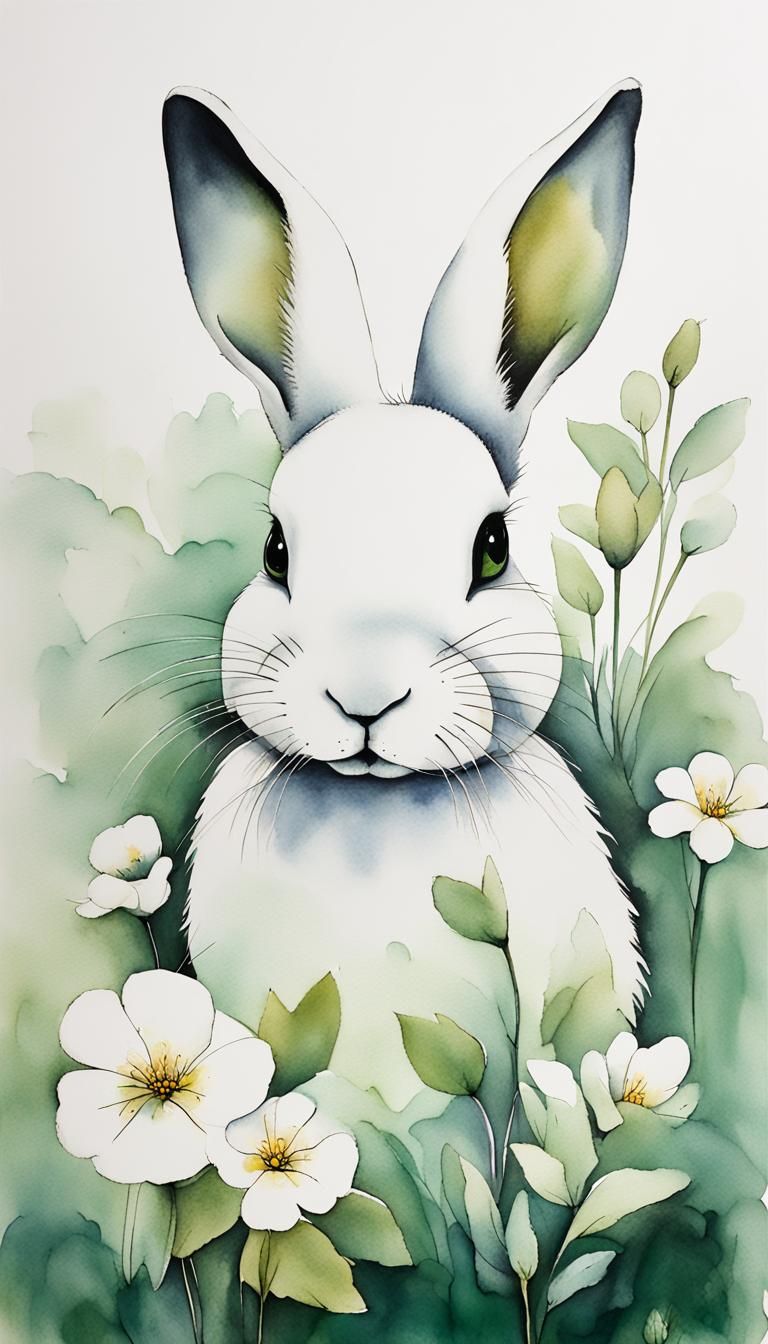 Minimalist Chinese Ink Painting of a White Rabbit