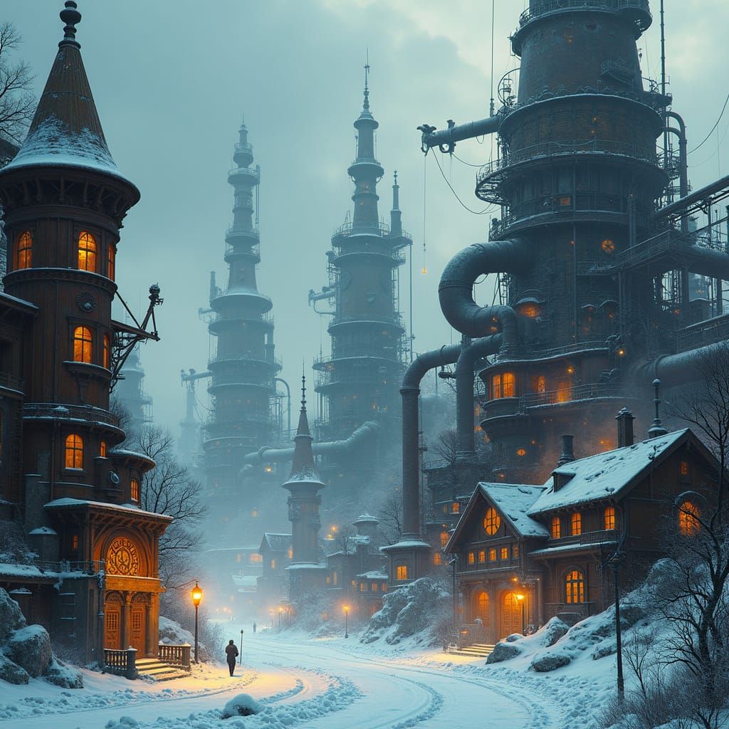 Steampunk Metropolis on Frozen Tundra in Muted Winter Colors