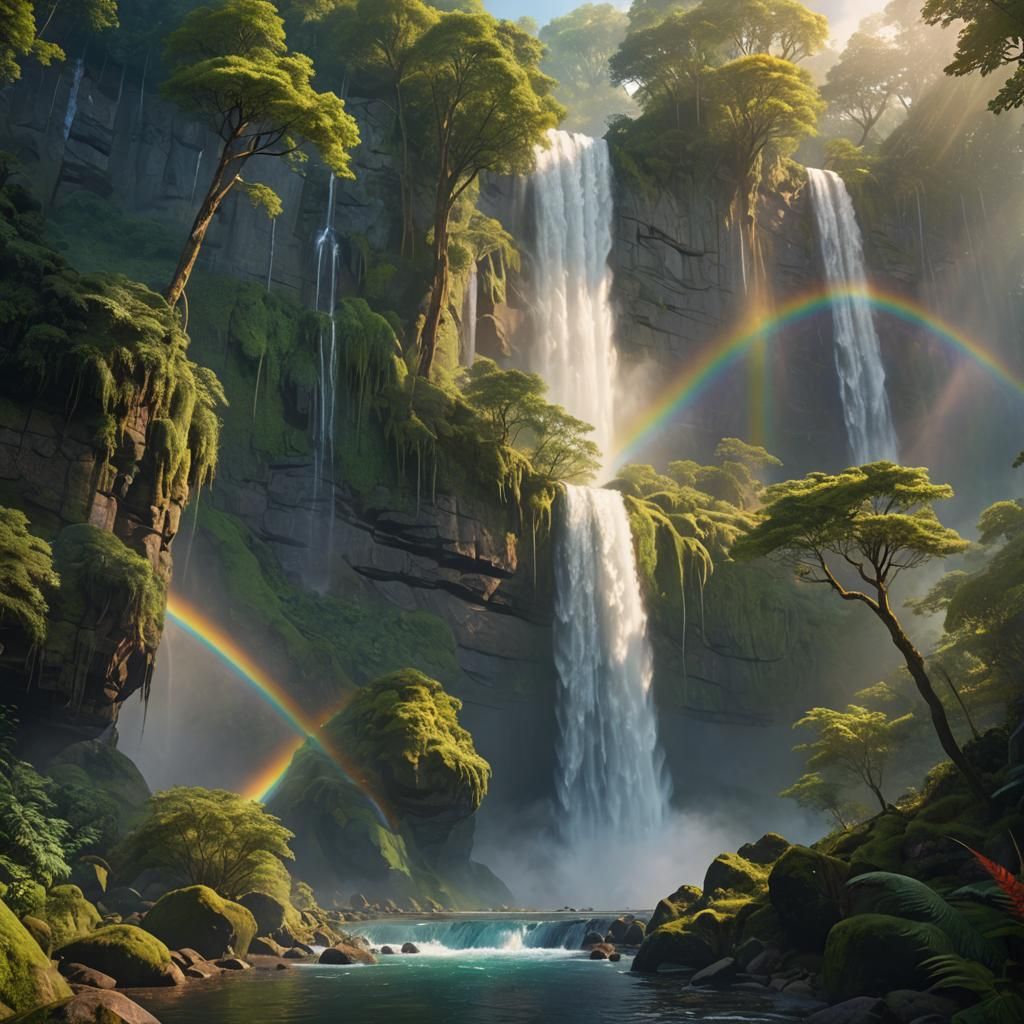 Rainbow Waterfall in Mystical Forest: Digital Matte Painting