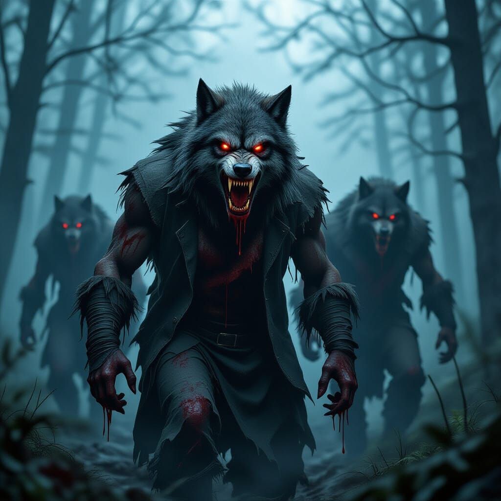 Ferocious Blood-Soaked Werewolves in Dark Forest