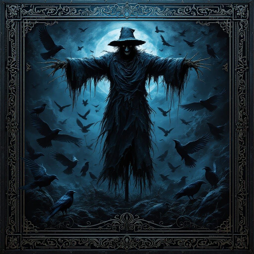 Horror Scarecrow with Birds in Dark Fantasy Style