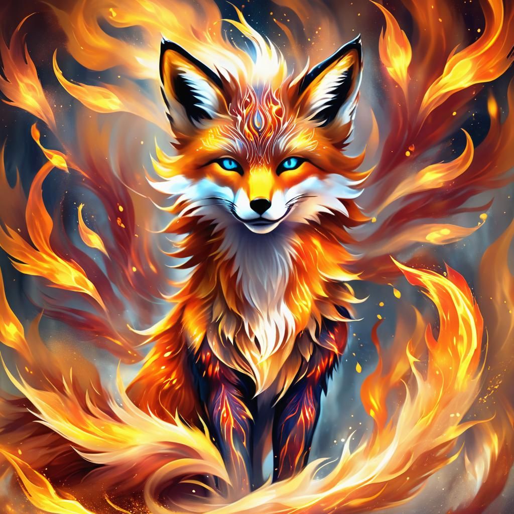 Fiery Spirit Fox with Nine Tails: Fantasy Art