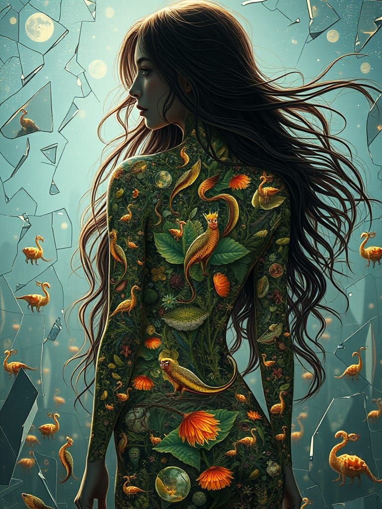 Surreal Woman in Shattered Mirror Field