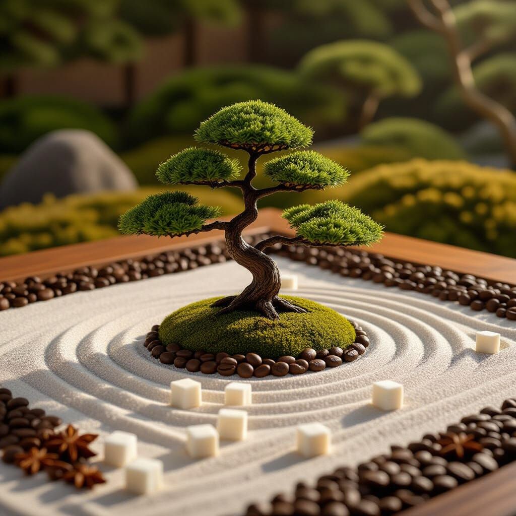 Zen Garden of Coffee Beans and Parchment Leaves