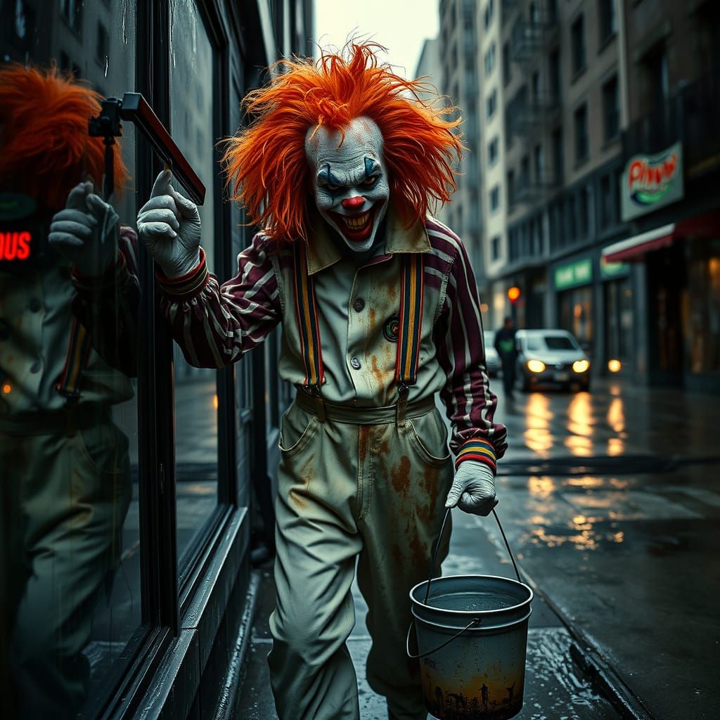 Menacing Clown Washes Windows in Rainy City