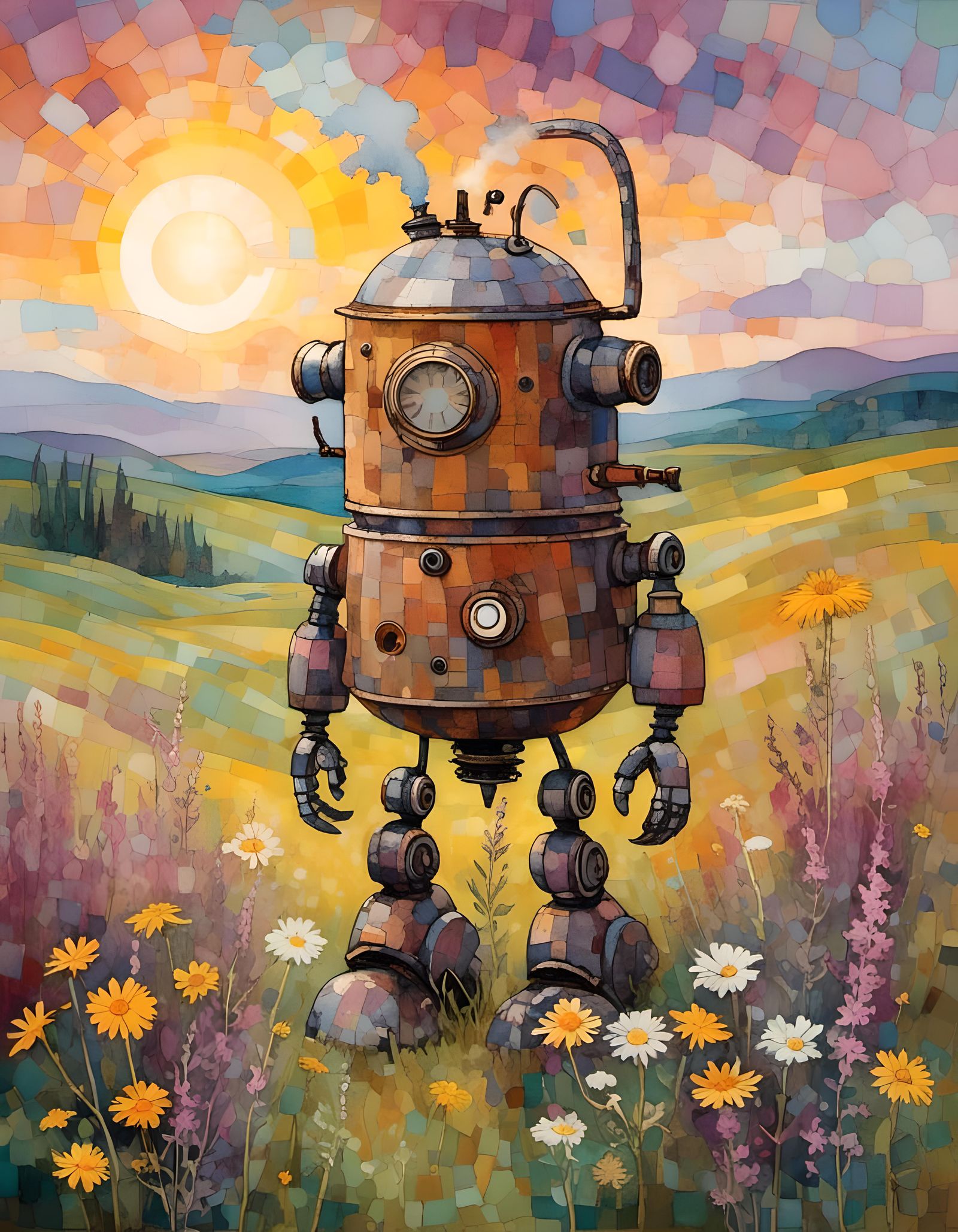 Steampunk Robot Kettle in Sunlit Daisy Field