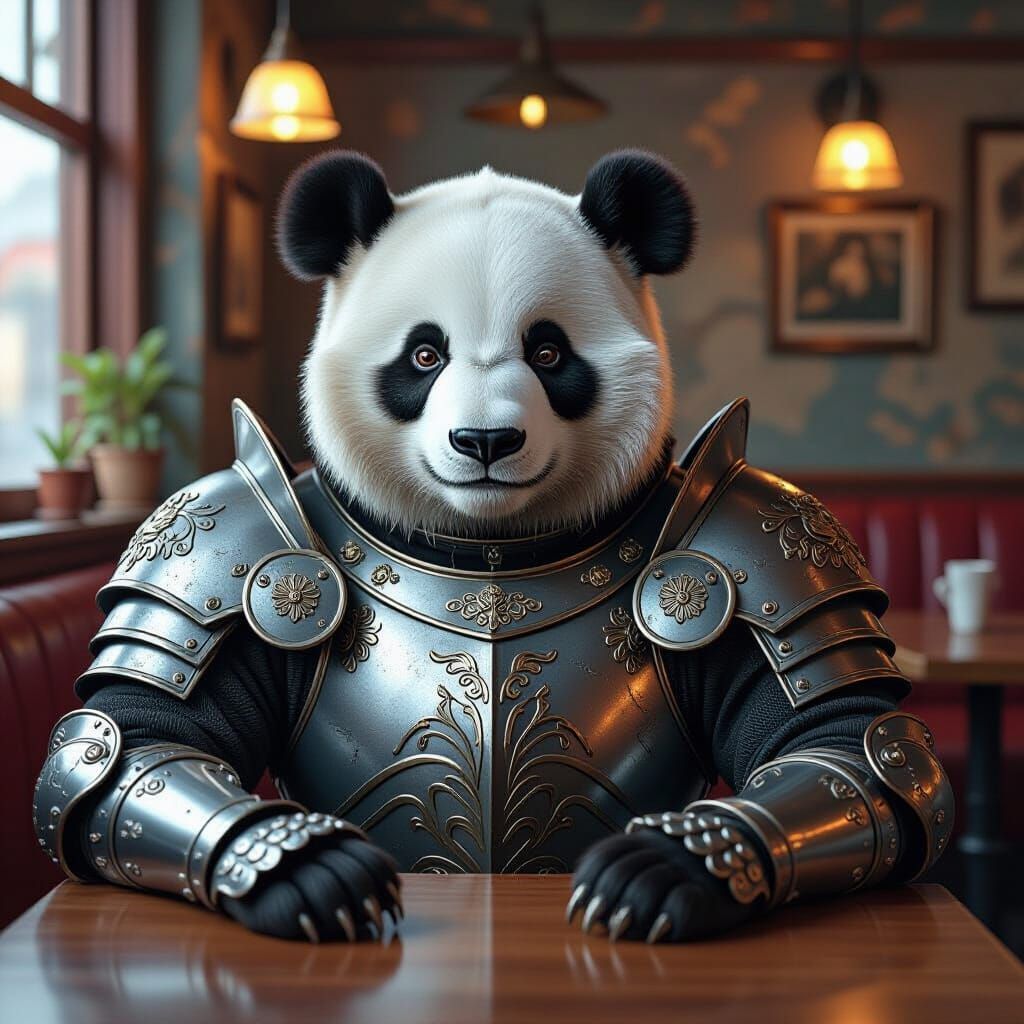 Panda Knight in Cozy Fantasy Cafe - Hyperrealistic Art