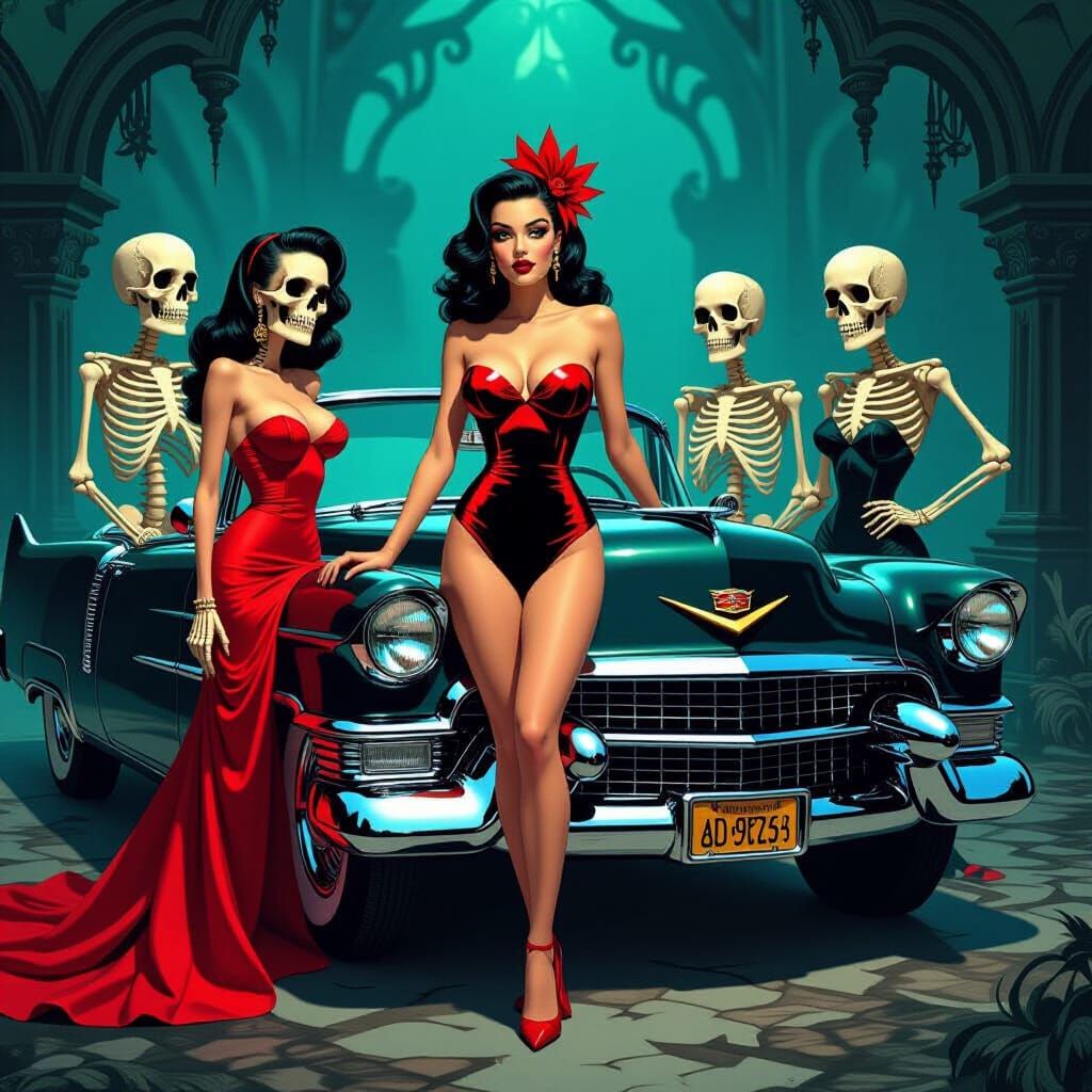 1953 Cadillac with Pin-Up Skeletons in Mystical Setting
