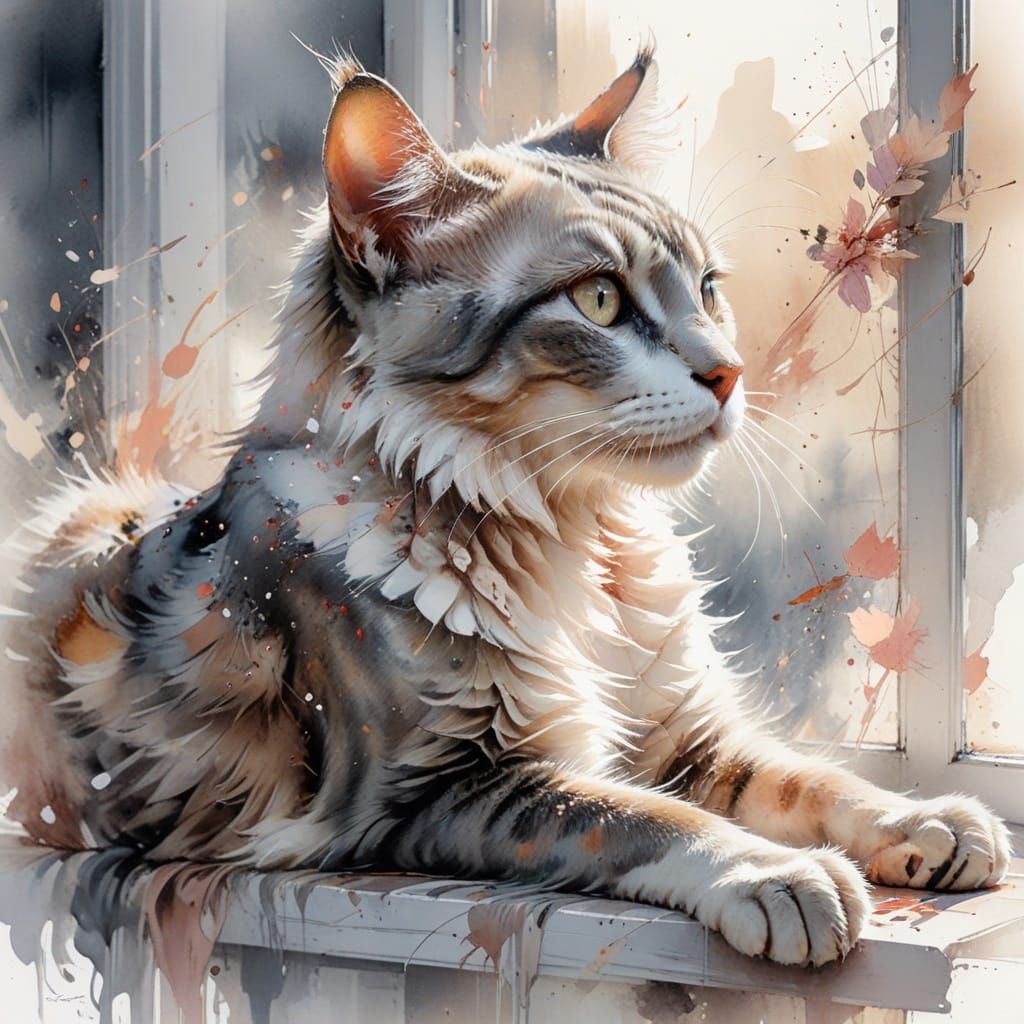 Cat on Windowsill Morning Light Watercolour Painting